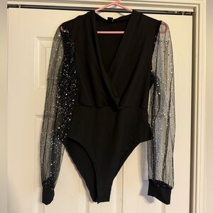 Black Bodysuit with Shiny Sheer Sleeves